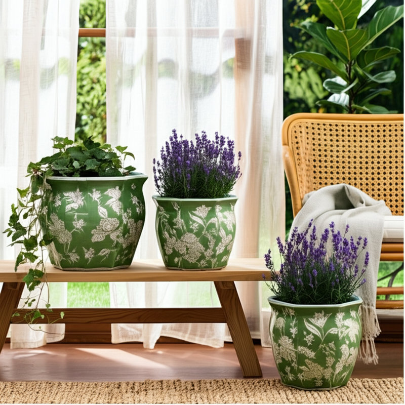 Ceramic Planters Floral Pattern Indoor Outdoor Decorative Garden Pots For Home And Garden Display Use Set Of 3 - 9", 8", 7" Green