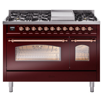 ILVE Nostalgie II Series 48 in. Dual Fuel Range with 8 Sealed Burners, Griddle (Liquid Propane, Glass Door)