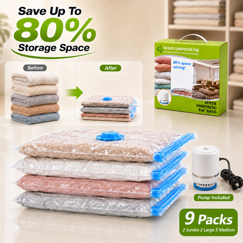 Lot de 9 sacs de rangement sous vide extra larges avec pompe électrique, sacs de compression réutilisables et peu encombrants pour vêtements, couettes et literie