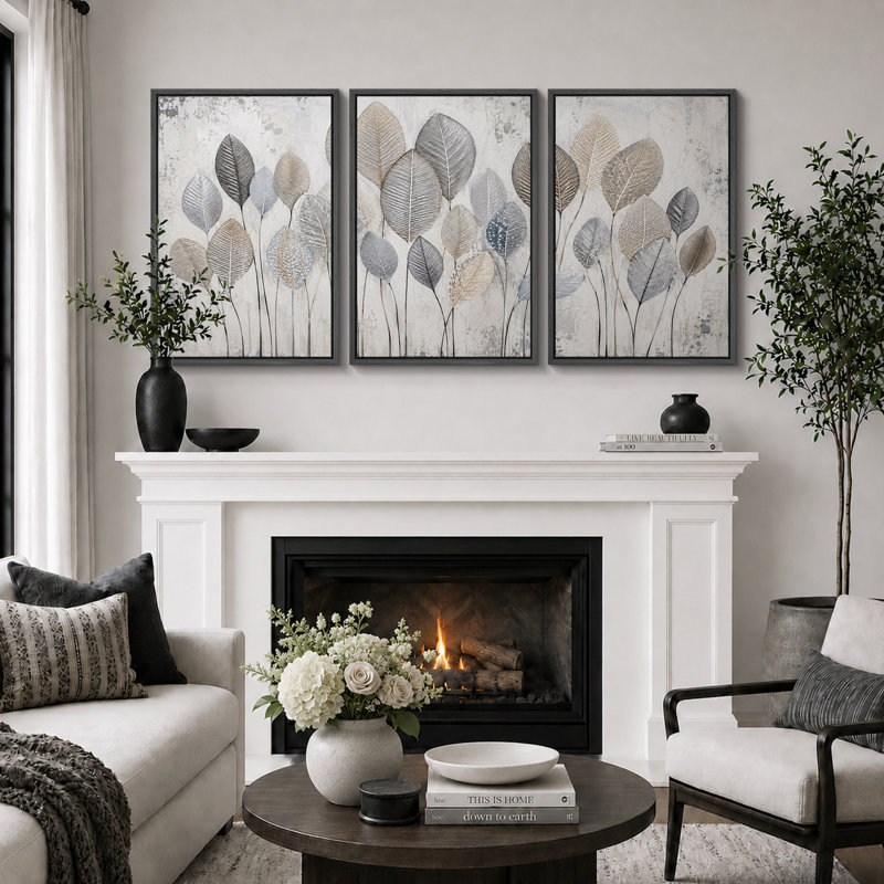 «Neutral Silver Leaf Botanical Art», photos de salon, impression sur toile encadrée, 3 pièces, H 24 po x l 48 po x P 1,5 po