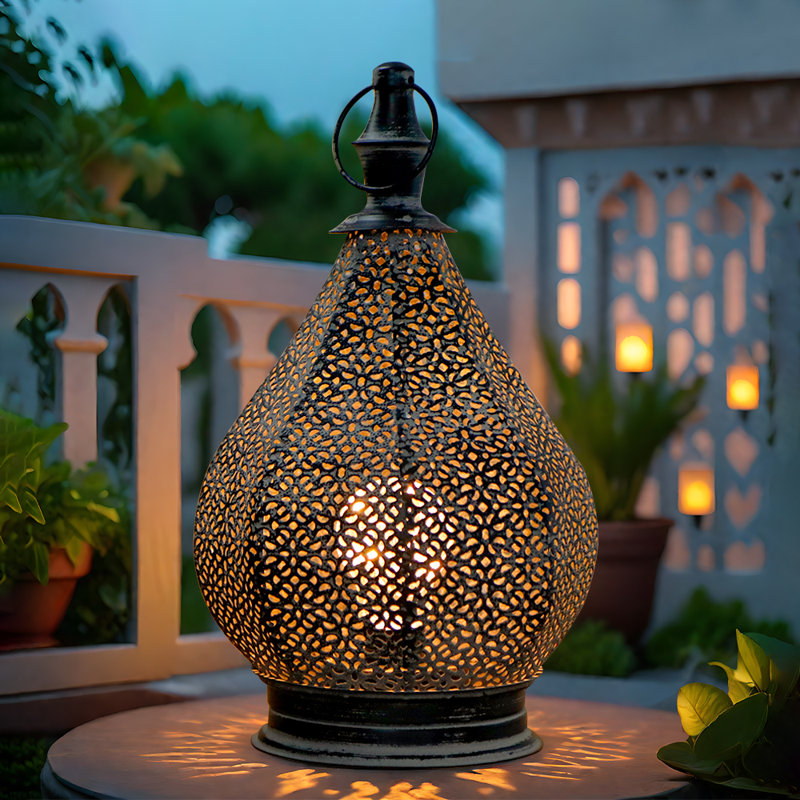 12"H Moroccan Style Metal Table Lamp with Fairy Lights Bulb