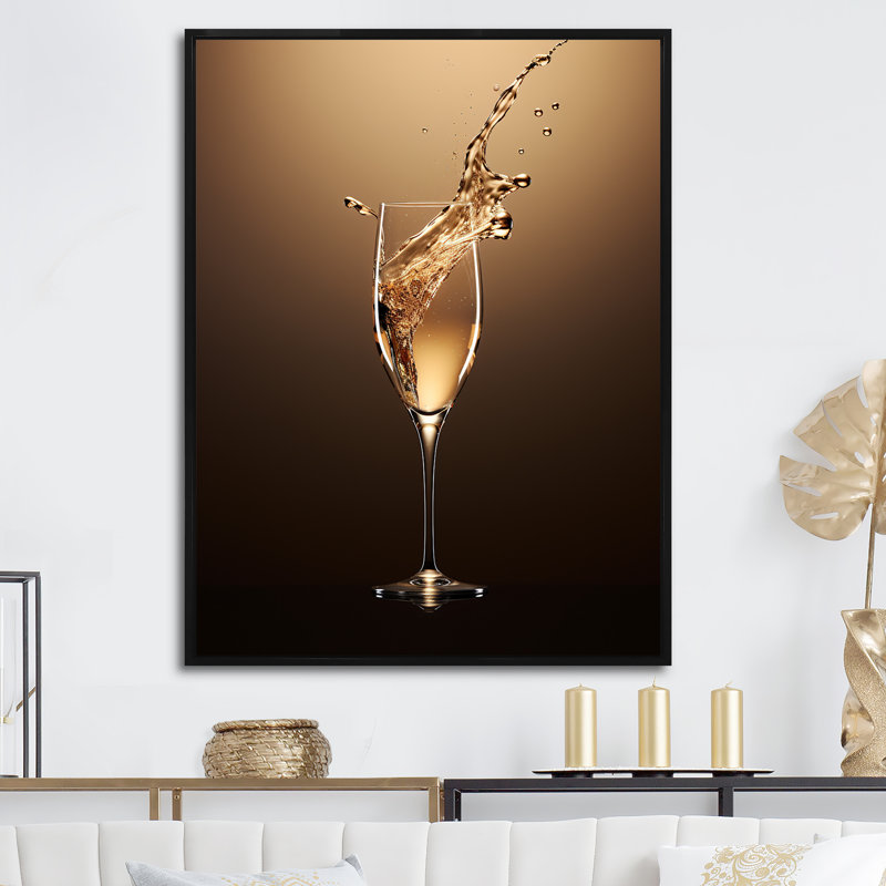 «Fragility Golden Champagne» - impressions sur toile vin et champagne, H 20 po x l 12 po x P 1 po, Cadre flottant noir