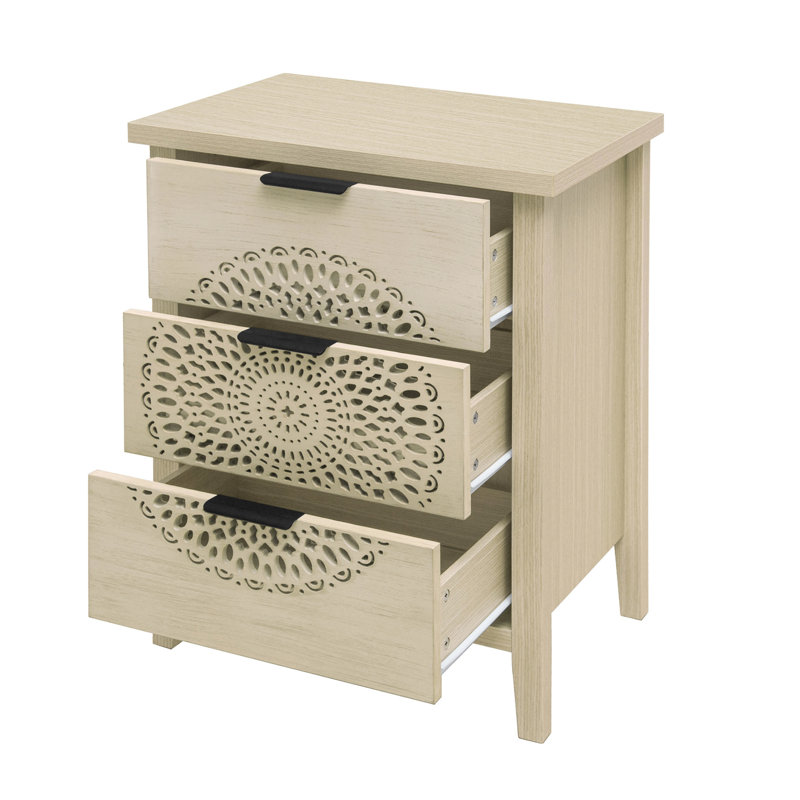 Commode de rangement à 3 tiroirs creux pour décoration de chambre à coucher, couleur naturelle, design moderne, motif exquis, glissières lisses, armoire à poignées en métal confortable et rangement pour le salon, style,