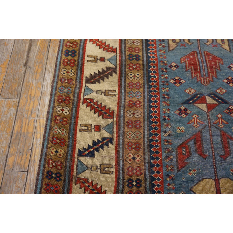 Light Blue Color Tribal Geometric Design Antique Mid 19th century Caucasus Shirvan Runner Rug