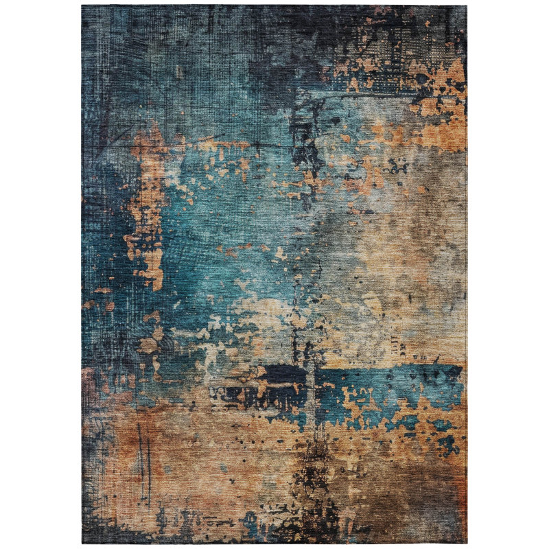 Teal and Brown Abstract Washable Synthetic Area Rug 3' x 5'