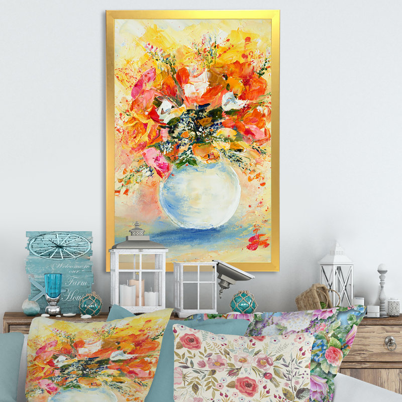 Bouquet de fleurs orange et jaune - décoration murale en toile de ferme, Encadrement doré, H 32 po x l 16 po x P 1 po