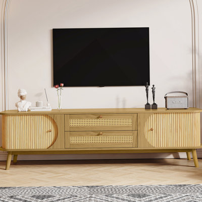 Rattan TV Stand For Tvs Up To 75 Inches, Modern Farmhouse Style Media Console With Multifunctional Storage And Solid Wood Legs