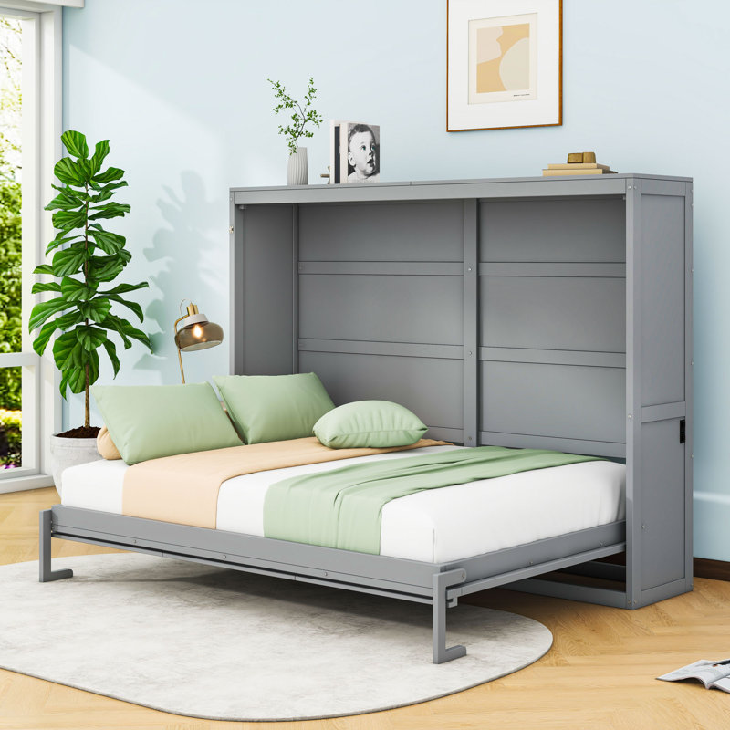 Budhan Wooden Murphy Bed Wall Bed, Gray, Full