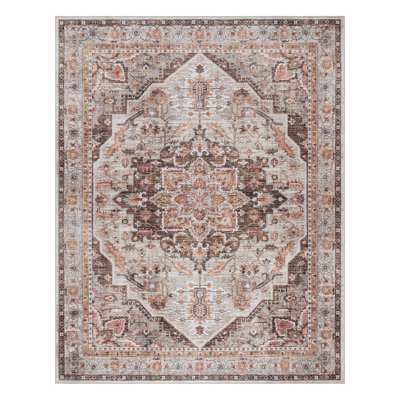 Samira Tiefi Brown Tan Ivory Machine Washable Traditional Medallion Indoor Area Rug, Flat Pile for Living Room & Bedroom - Brown, 9x13