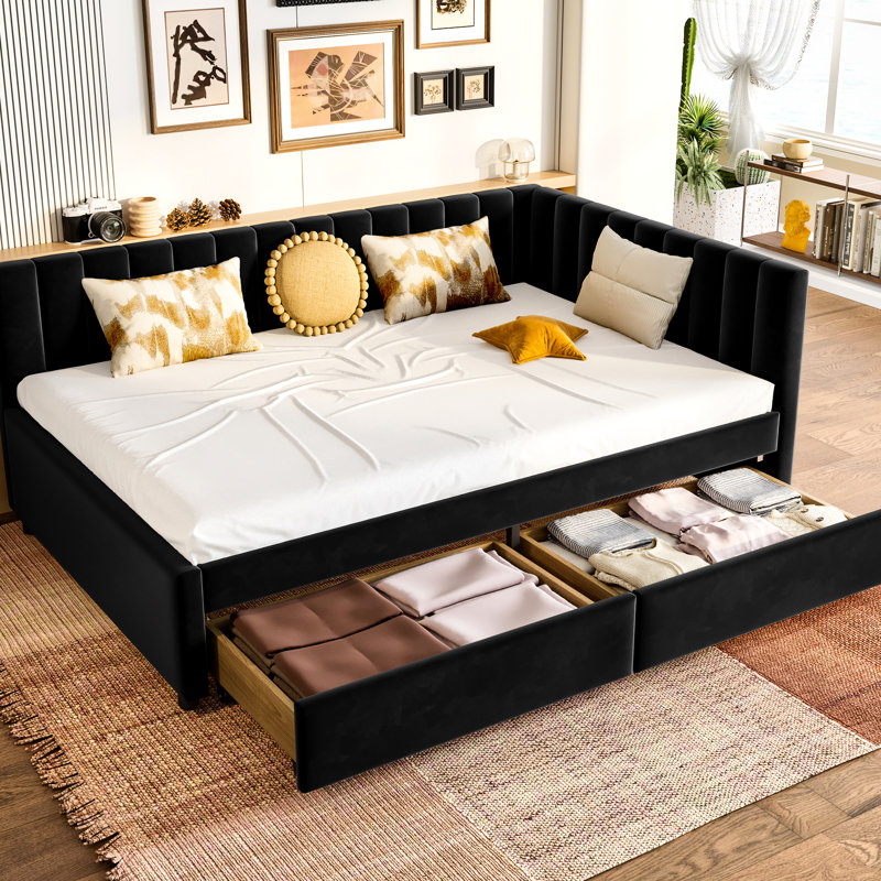 Structure de lit de jour en velours avec 2 tiroirs de rangement, pleine grandeur pour le salon, sans sommier, tête de lit ferme en forme de L noir et conception compacte, tissu en lin confortable