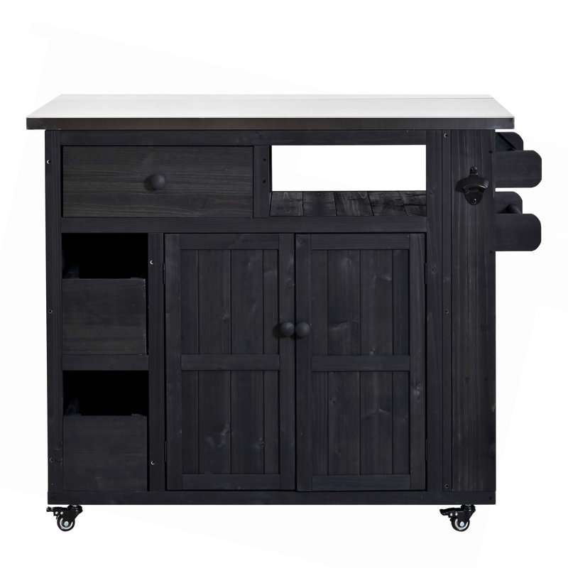 Outdoor Solid Wood Extendable Kitchen Island With Stainless Steel Top, Side Spice Rack, Drawers & Storage Cabinet, Black