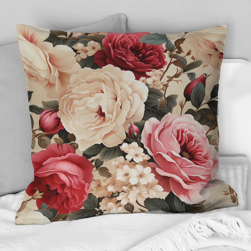 Floral Throw Pillow, Beige Vintage Pattern Decor - Beige Vintage Charm Floral Pattern IV, 16" x 16"