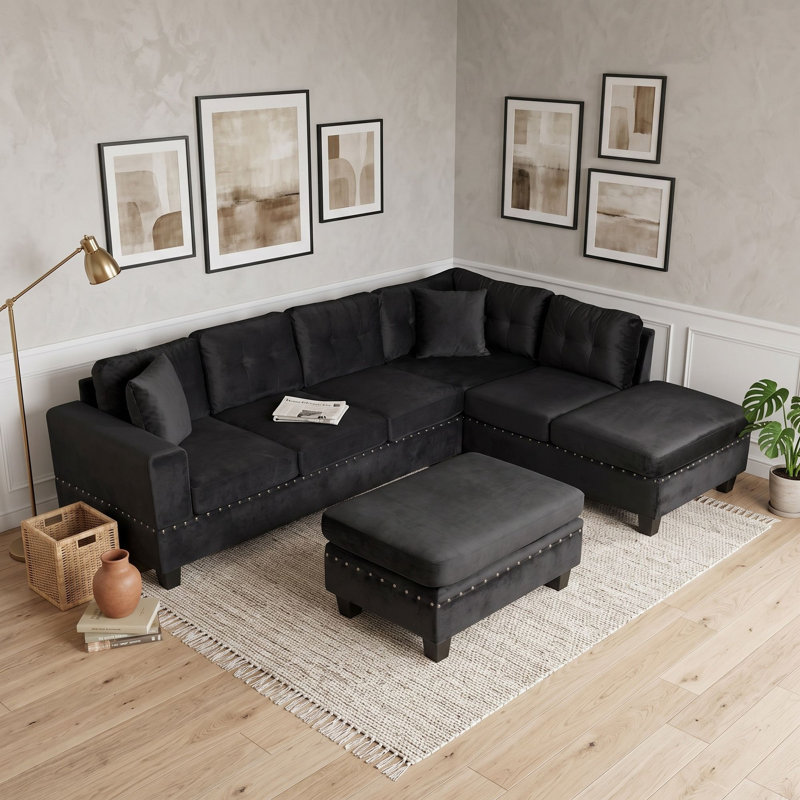 Ensemble de salon modulaire réversible avec repose-pieds et garniture de rivets et coussins à ressorts Modern, Noir