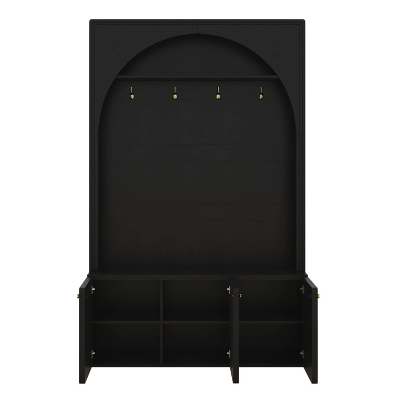 Hall Tree With Bench And 3 Cabinets, Entryway Coat Rack With 4 Golden Hooks And Top Compartments, Black