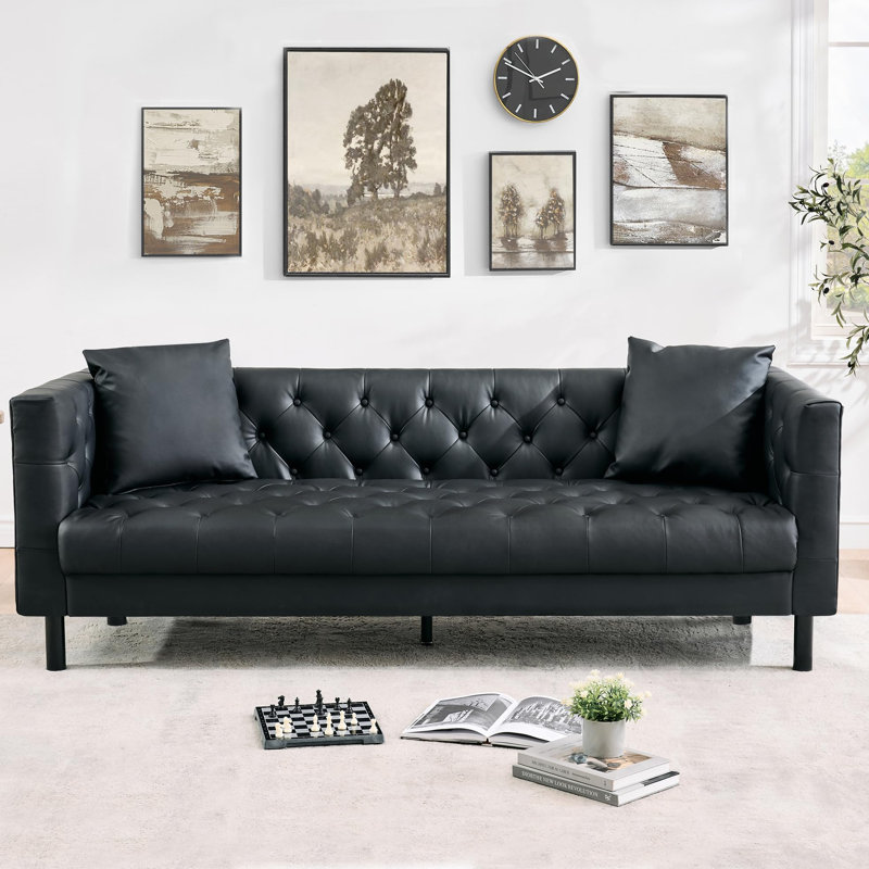 Canapé en cuir 78 po, canapé capitonné à 3 boutons fait à la main, canapé Chesterfield avec assise profonde et 2 coussins, canapé en cuir