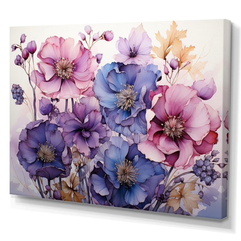 Mauve et fleurs mystiques IV - art botanique abstrait, H 16 po x l 32 po x P 1 po, Toile tendue