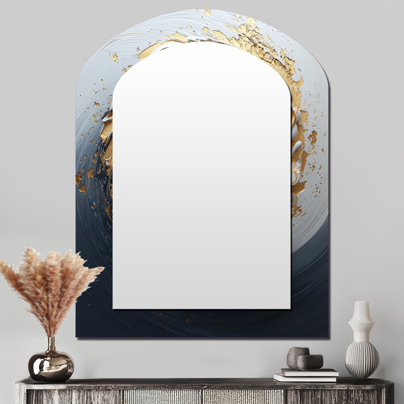 Blanc blanc, or, cosmique, tourbillon IV - miroir mural unique en forme de spirale abstraite, miroir asymétrique moderne, impression d'art en métal