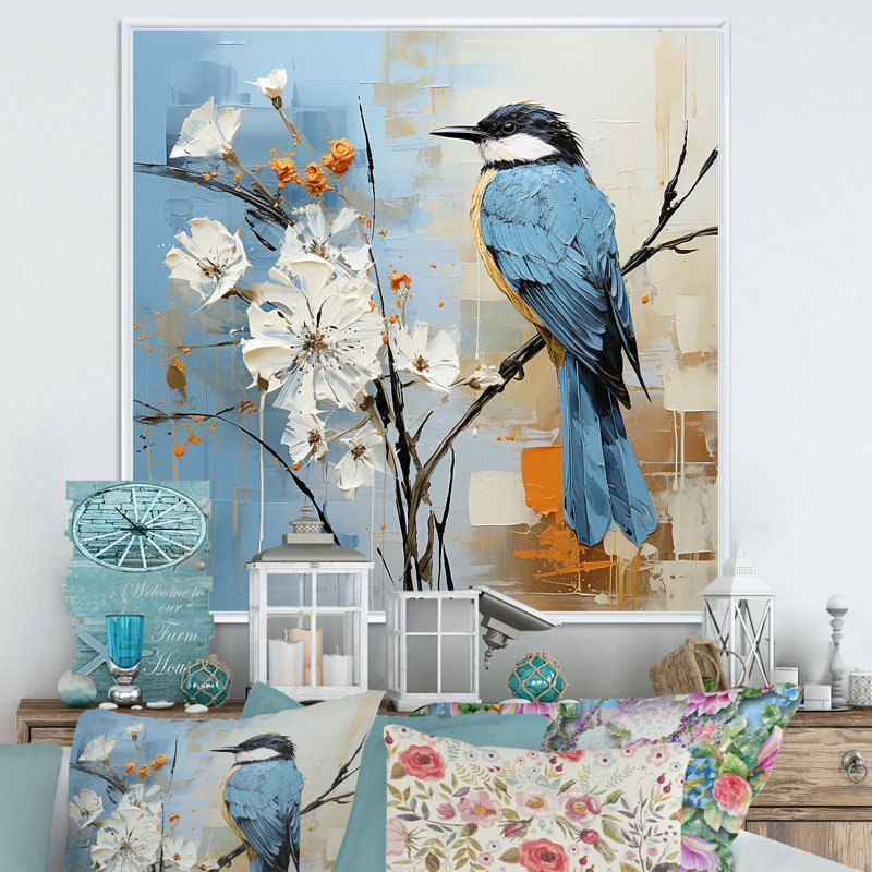 Oiseau bleu, minimalisme, fleurs blanches, impression sur toile, H 24 po x l 24 po x P 1 po, Blanc