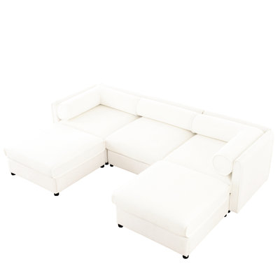 Canapé modulaire en chenille blanc avec et rangement - Canapé en forme de U pour un salon spacieux et une atmosphère relaxante
