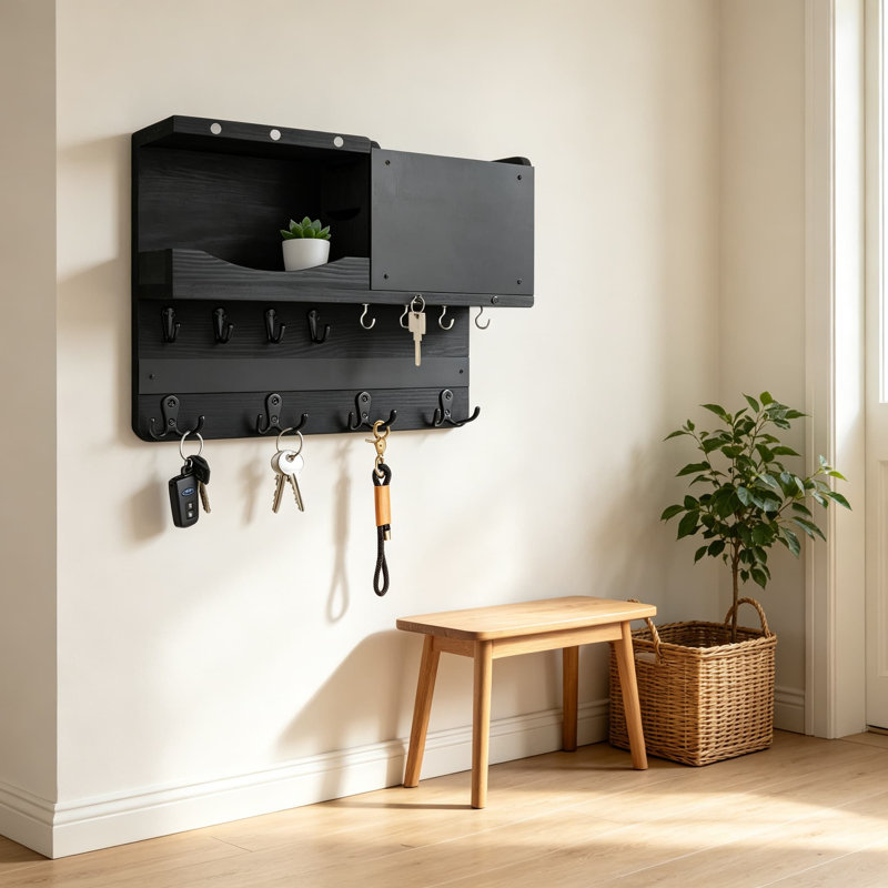 Porte-clés mural avec tablette et organisateur de courrier, porte d'entrée de ferme avec crochets, rangement pour clé et courrier en bois pour la décoration intérieure