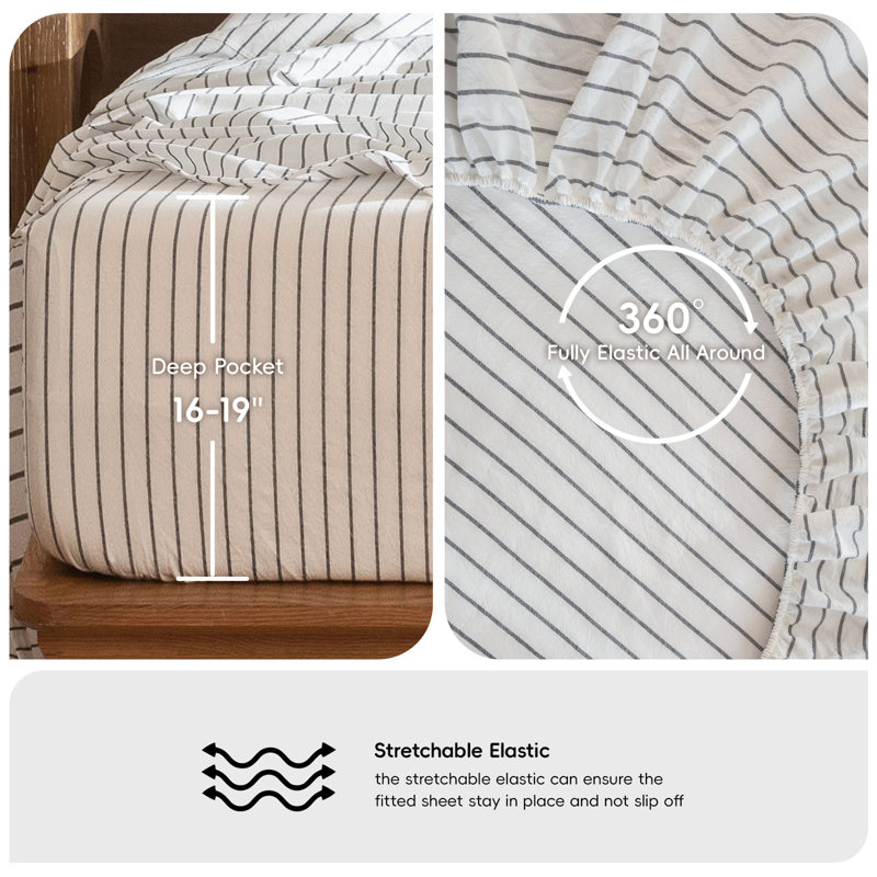 MooMee Striped Sheet Set 100% Washed Cotton Linen Like Textured Breathable Lightweight, Wide Stripes: White & Dark Gray