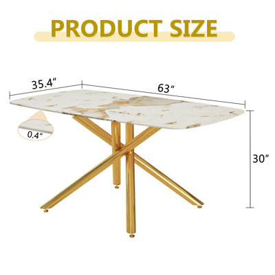 Modern Faux Mable Pattern Tempered Glass Dining Table with Metal X-Shaped Cross Base