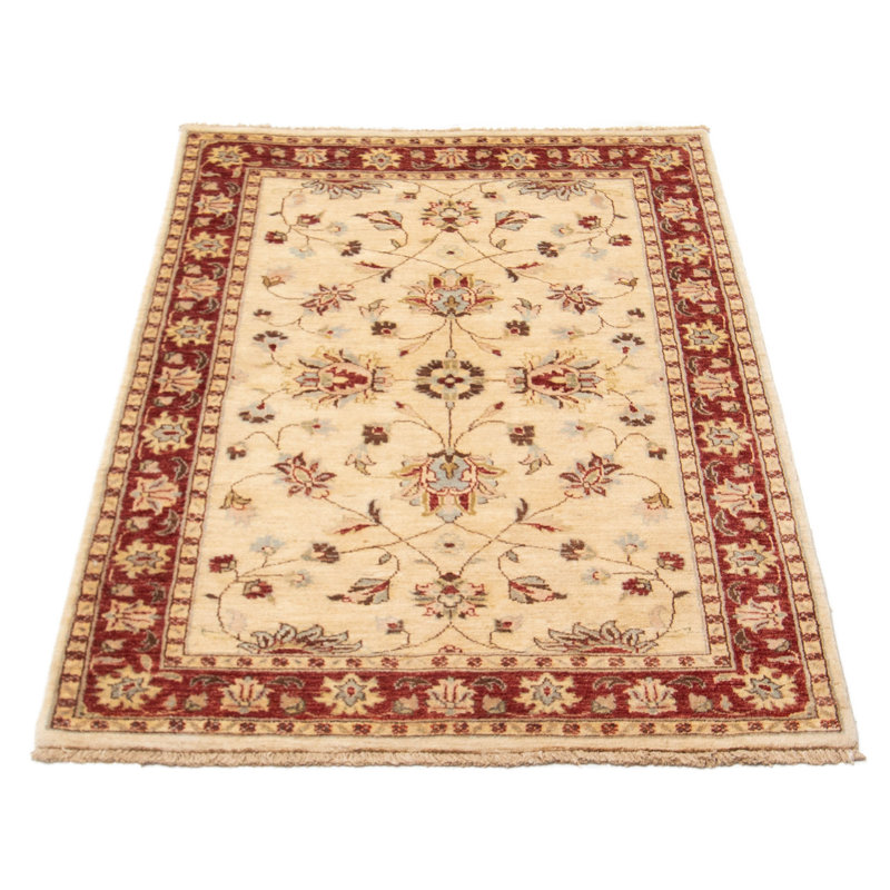 Tapis crème / rouge en laine noué à la main de conception unique nouvel âge 4 pi 1 po x 6 pi 4 po Horance