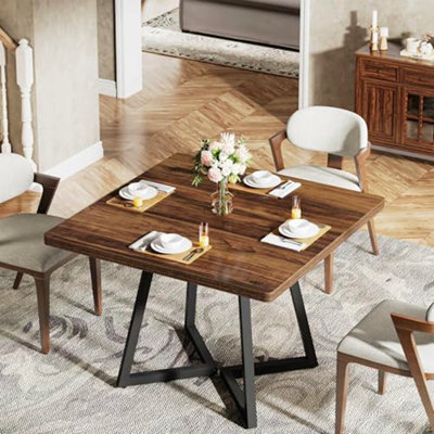 31.5" Square Dining Table for 2-4, Rustic Brown Industrial Kitchen Table with Black Metal Frame, Small Space Dining Room Table for Apartment, Breakfas
