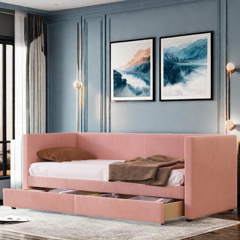 Iyania Daybed with Two Drawers and Wood Slat, Pink