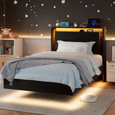 Einhomn Full Size Floating Bed Frame With Storage Headboard & Charging Station, Wood Platform Bed Frame With Led Lights, Noise Free ,no Box Spring Needed，easy To Assemble - Black