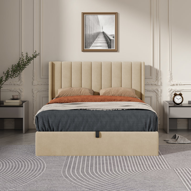 Daizia Lift Up Storage Platform Bed with Wingback Headboard, Full, Pale Gold