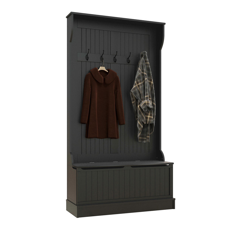 3-In-1 Entryway Hall Tree With Storage Bench, Coat Rack With Four Hooks And Shoe Storage, Black, Black