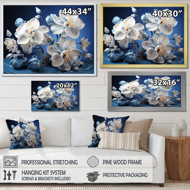 Orchidées blanches et bleues de sérénité - art mural orchidée, H 24 po x l 32 po x P 1 po, Cadre simple blanc