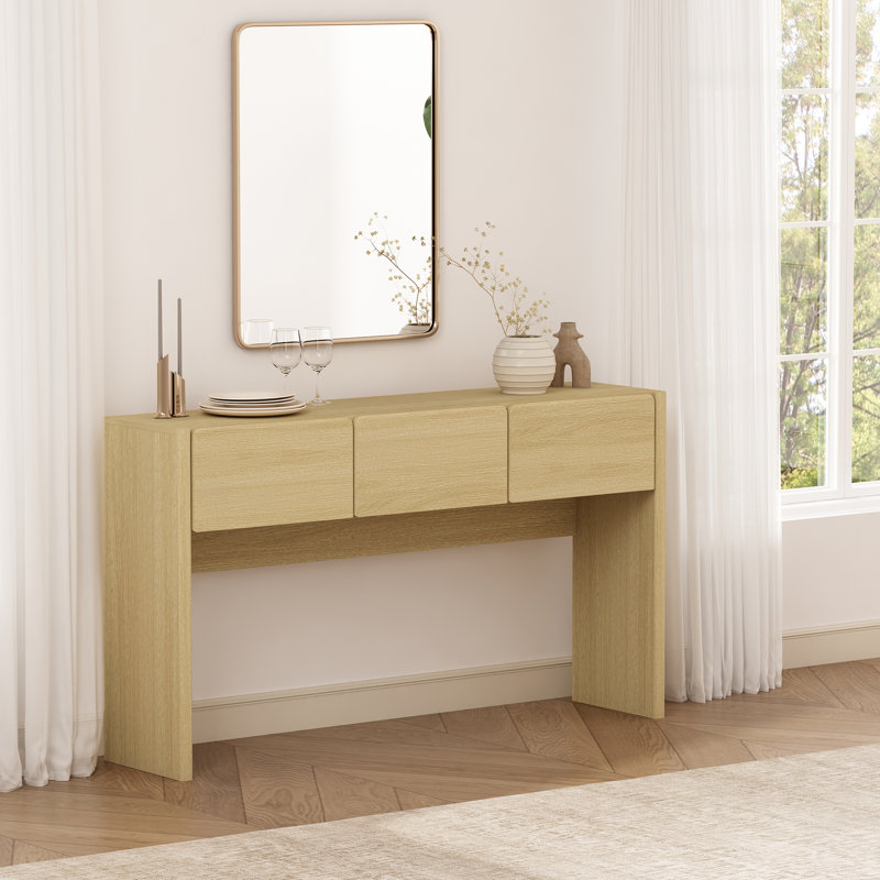 Linda 60" Modern Console Table with 3 Drawers in Natural Oak, Natural