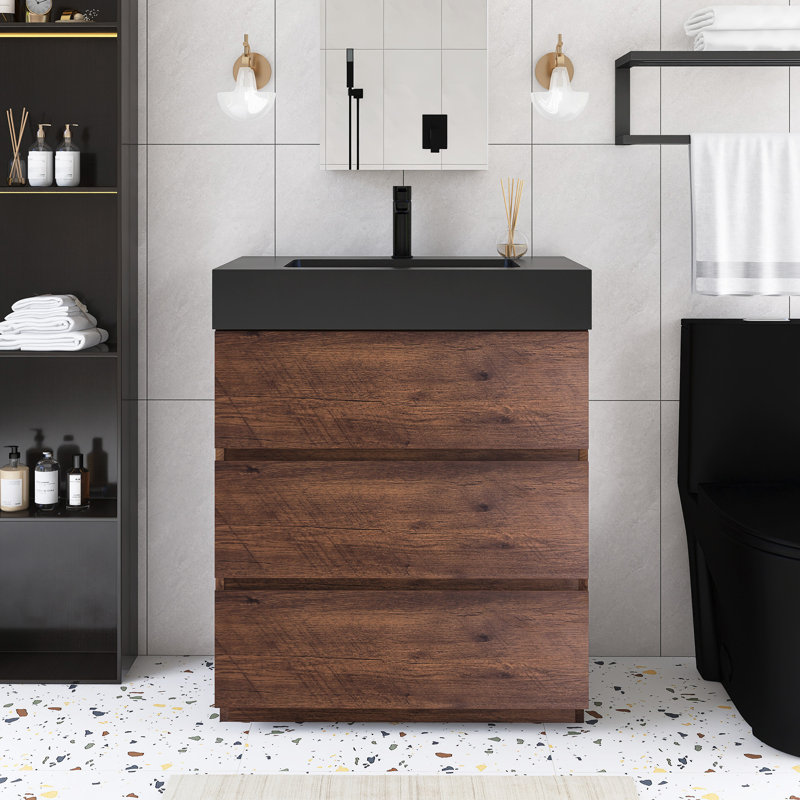 Meuble-lavabo autoportant de 30 po avec plateau en résine intégré, Noyer