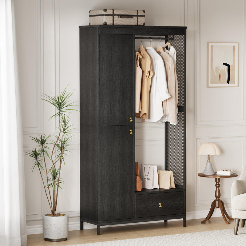 Modern Armoire Wardrobe Closet – Double Doors, Hanging Rod, Drawer & Adjustable Shelves, Black