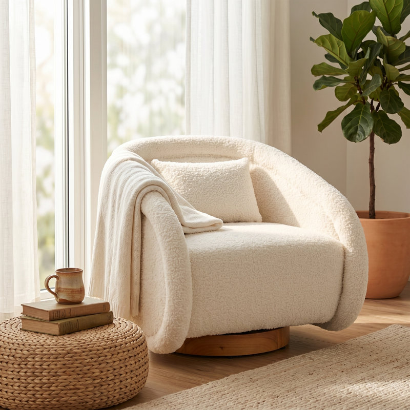 Swivel Accent Chair, 360-degree Swivel Barrel Chair with Teddy Upholstery, Comfy Pumpkin-Shaped Swivel Chair for Living Room, Bedroom, or Office