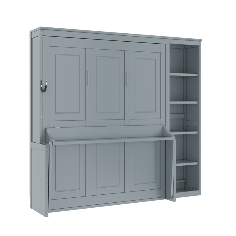 Grand lit escamotable avec bureau et bibliothèque, Gris, Double