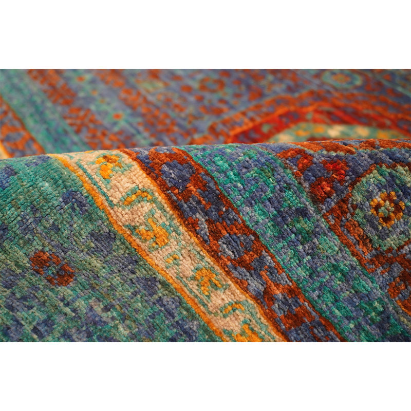 Tapis bleu / bleu clair / brun noué à la main de haute qualité