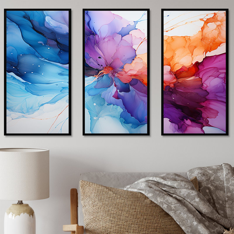 Orange et bleu sarcelle Essence Ink I - encre liquide, ensemble d'art mural abstrait, Cadre flottant noir