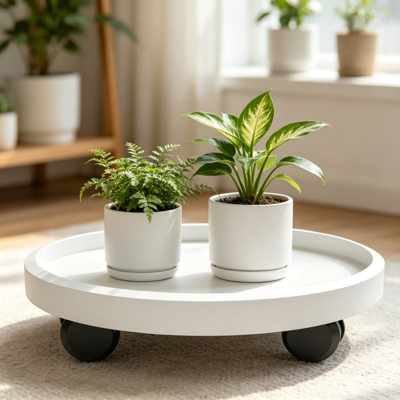Support à plantes robuste avec roulettes, chariot à plante rond de 14 pouces avec 4 roulettes silencieuses universelles, capacité de charge de 265 lb, aucun assemblage requis, blanc