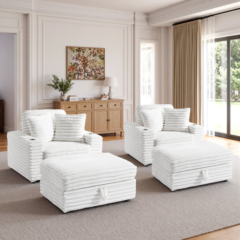 Upholstered Armchair with Footstool, Beige