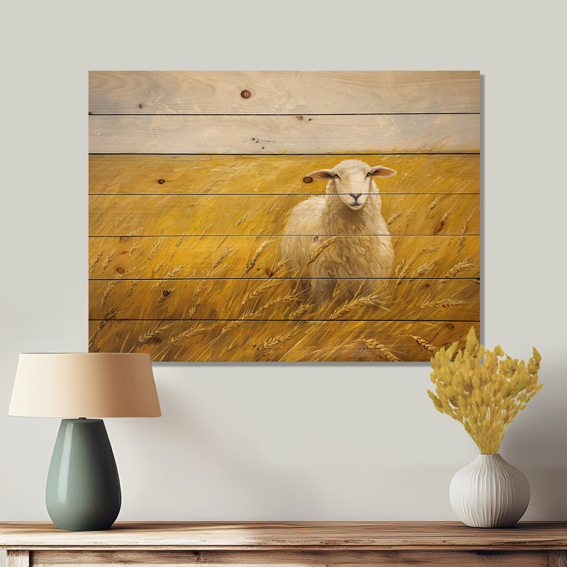 Golden Fields Of Sheep II - Décoration murale en bois de mouton - sur bois de pin naturel, H 34 po x l 44 po x P 0,78 po