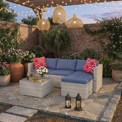 Ensemble de mobilier d'extérieur 5 pièces, canapé modulaire en osier de rotin PE avec table en verre trempé, coussins toutes saisons, pour le balcon de la cour arrière