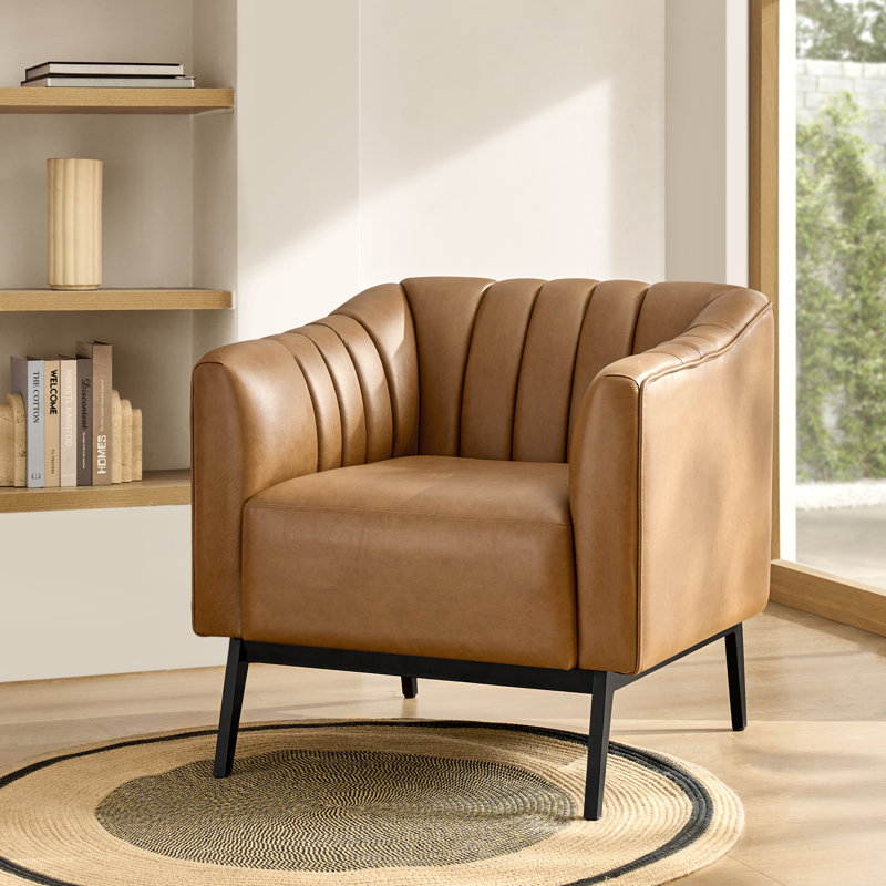 Byanka Industry 27.5" Wide Faux Leather Chair with Channel Tufting and Metal Leg, Camel Faux Leather
