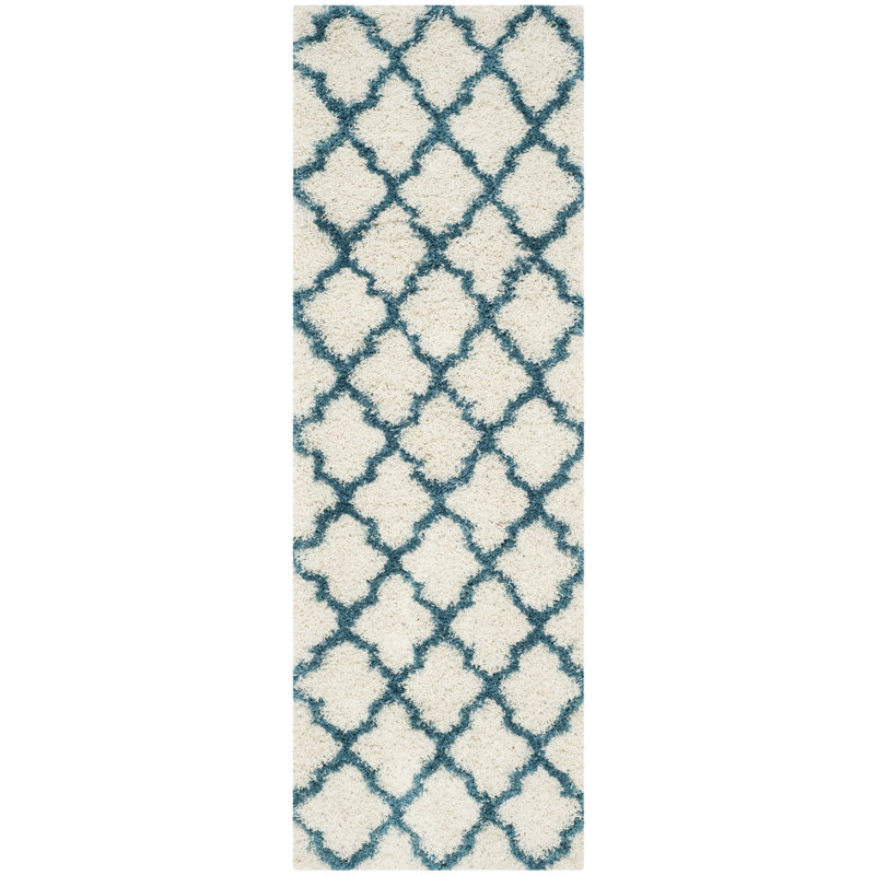 Tapis ivoire / bleu sarcelle à motif géométrique Alvarez, Tapis de couloir : 2 pi 3 po x 5 pi