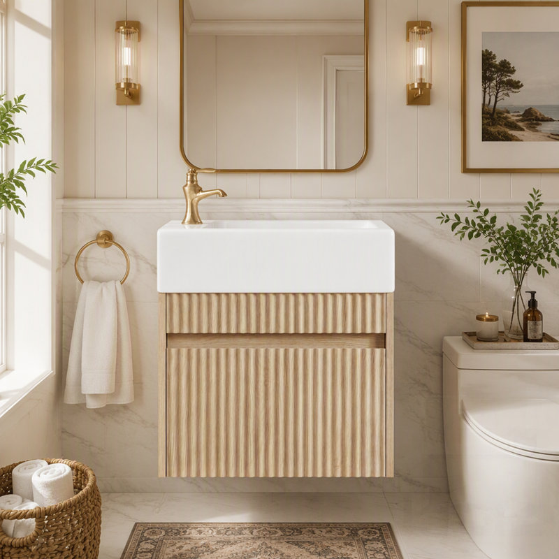 Meuble-lavabo flottant peu encombrant avec lavabo en résine, armoire en panneau de fibres à densité moyenne et conception à pousser sans ouverture pour les espaces de lavage compacts