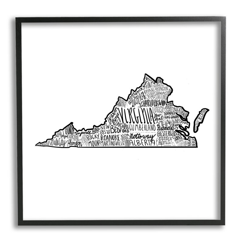 " Virginia Typography Cities " by The Saturday Evening Post, Midnight Black Framed Giclee, 12" H x 12" W x 1.5" D