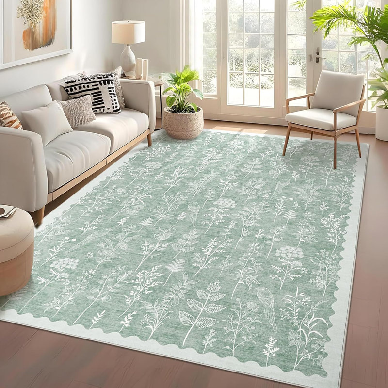 Tapis de couloir floral lavable, antidérapant, à poils courts, motif festonné pour la cuisine, le couloir, la buanderie, la salle de bain, vert