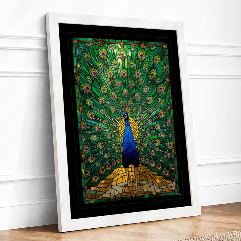 Peacock in Splendour Art Deco - Framed Print, A4 - 29.7 x 21.0 cm, White